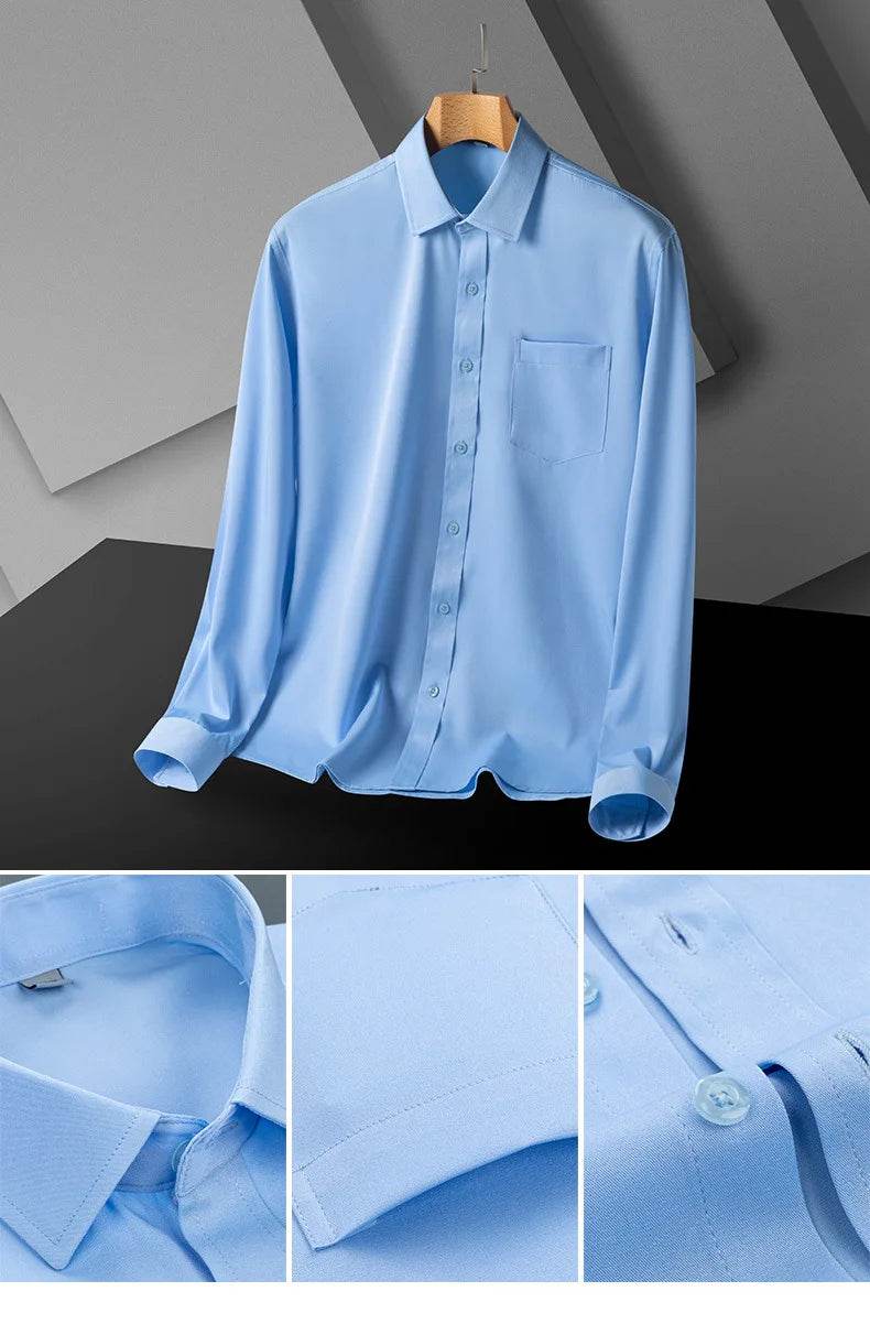 Classic Shirts For Men Long Sleeve Business Causal Stretch Soft Solid Formal Anti-wrinkle Non-iron Navy Party Wedding Blouse 5XL - AIAZ