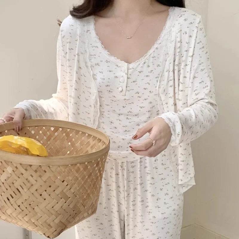 Three-Piece Pajama Set for Women Floral Lace Sweet Cardigan Camisole Homewear Long Sleeves Long Pants Fancy Underwear Ladies - AIAZ