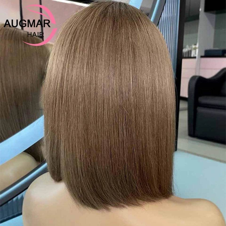 13x6 Chestnut Brown Bob Hair Wig Human Hair Lace Frontal Wig With Bangs Brazilian 13x4 Short Straight Lace Front Wigs For Women - AIAZ