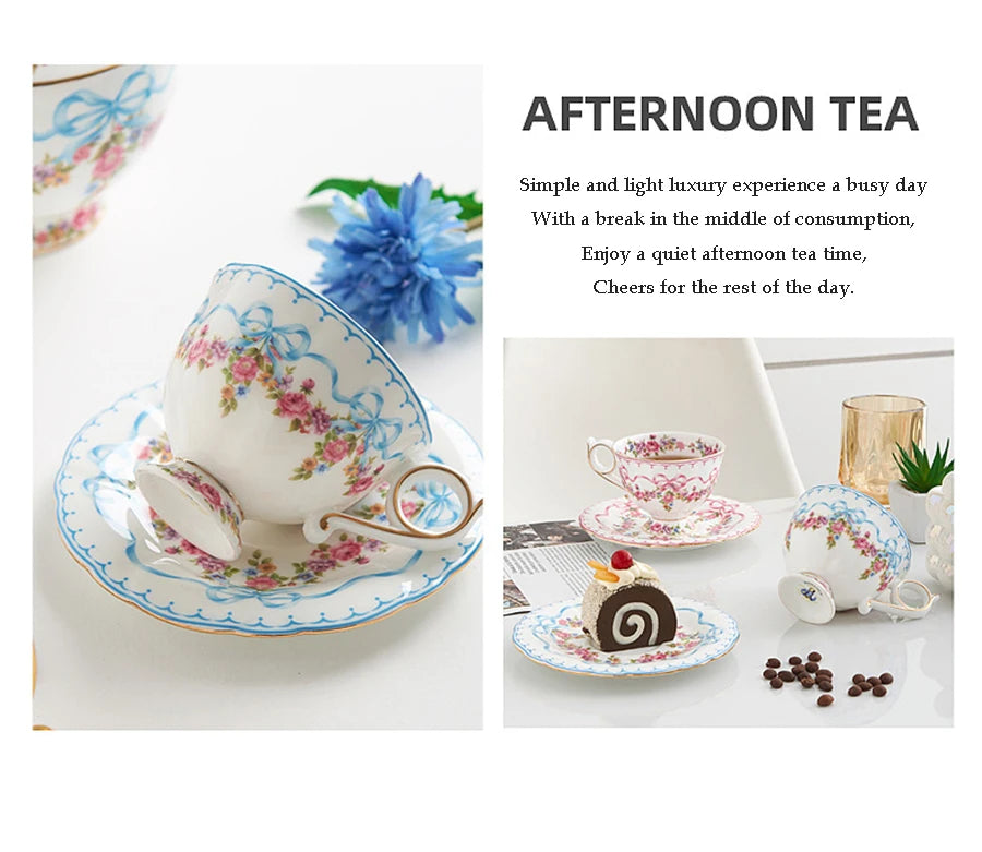 Ceramic Cup and Saucer Retro Bone China Coffee Cup French Romantic Elegant Floral Bow Afternoon Tea Drinkware Handmade Teapot