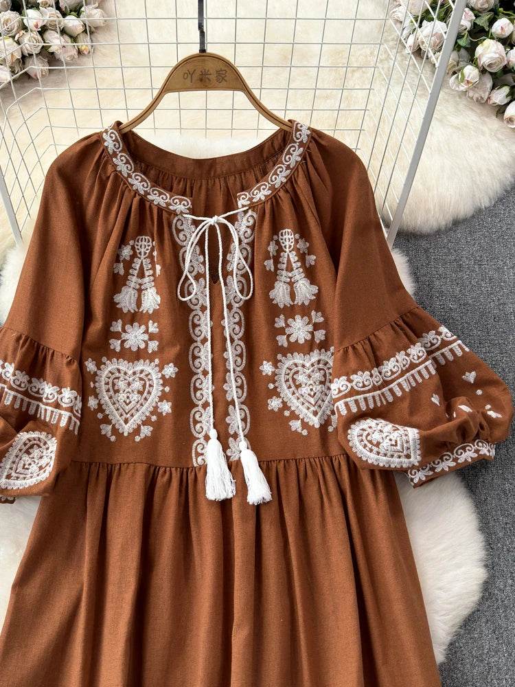 Women's Spring Summer Dress Bohemian Retro Ethnic Style Diamond Cotton Linen Blend Embroidered Lantern Sleeves Mini Dress A20 - AIAZ