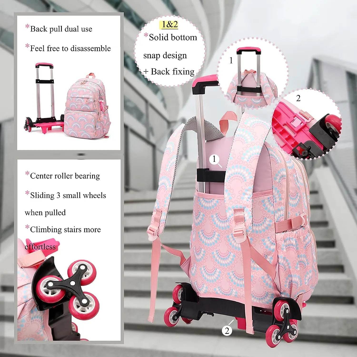 Rolling School Bags for Girls Backpack Children Waterproof School Backpacks with Wheels Middle School Trolley Luggage Back Pack - AIAZ