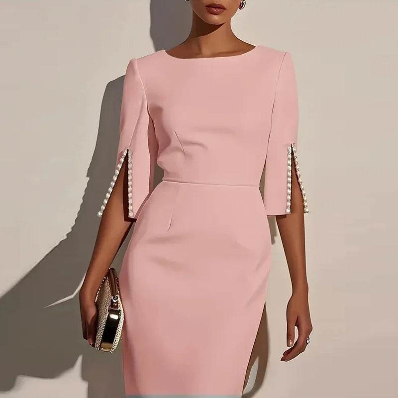 Elegant Women Fashion O-neck Solid Color Commuter Dress Hight Waist Slimming Long Dresses Beaded Split Half Sleeves Party Dress - AIAZ