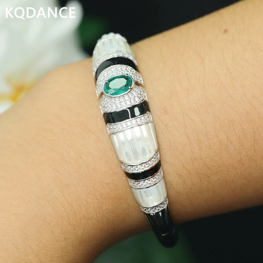 Gazing Jewelry925 Sterling Silver White Shell Pearl Black Agate Emerald Green Carbon Diamond Gemstone Ladies' Bracelet Jewelry