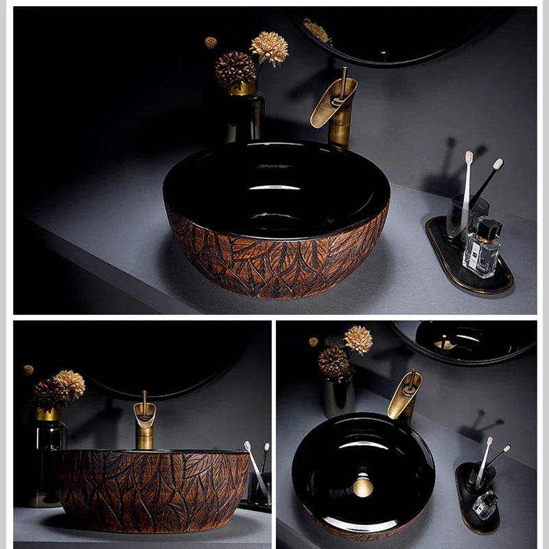 ZAPPO Round Vessel Sink with Faucet Drain JinDezhen Ceramic Vessel Sinks Oval Bathroom Sink Bowl Above Counter with Mixer Tap