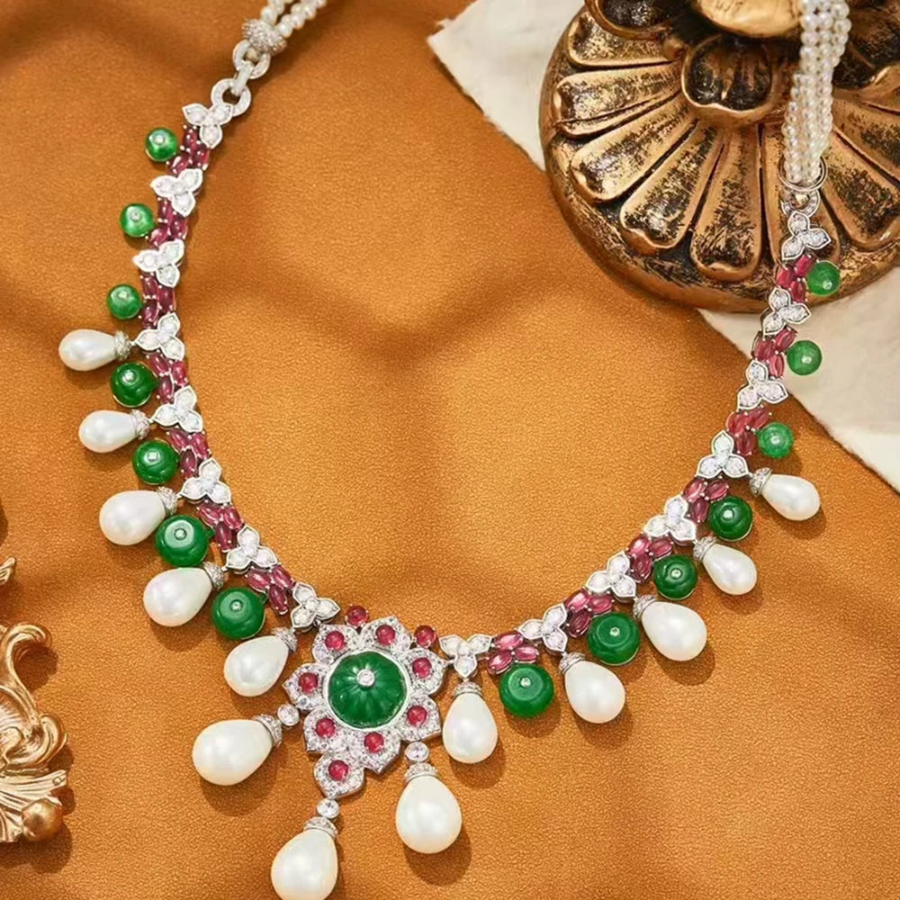 Dubai Fashion White Pearl Sythetic Green Chalcedony Tassel Beads Chain Necklaces Earrings Luxury Designer Jewelry for Women