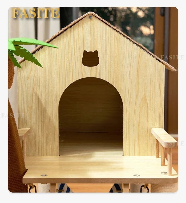 Luxury Cat House Two-Storey Villa Pet Cat Beds Hammock Coconut Tree House Wooden Pet Condos With Stairway Cat Scratching Posts