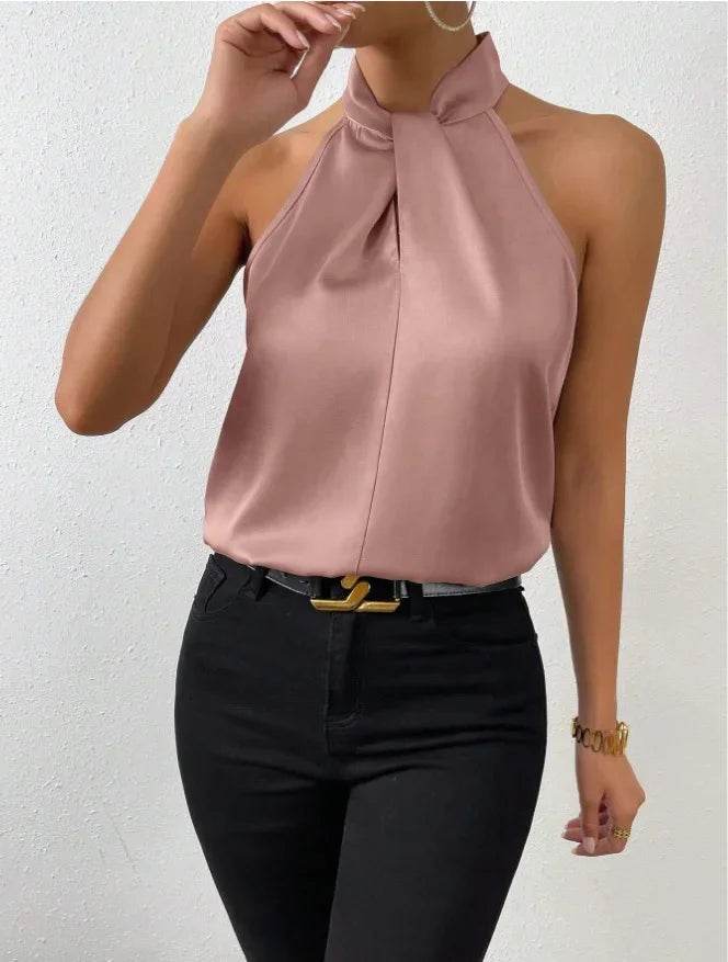 2025 Women's Tanks Top Camis Hanging Neck Strap Design Satin Gloss Loose Sleeveless Blouses Blusas Mujer Moda Black Sexy Shirt - AIAZ