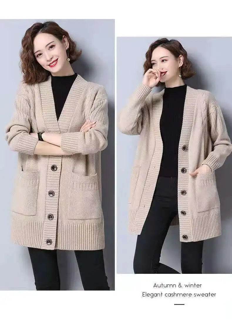 Knitted cardigan women's mid length westernized top autumn and winter new Korean version loose sweater age reducing jacket women - AIAZ