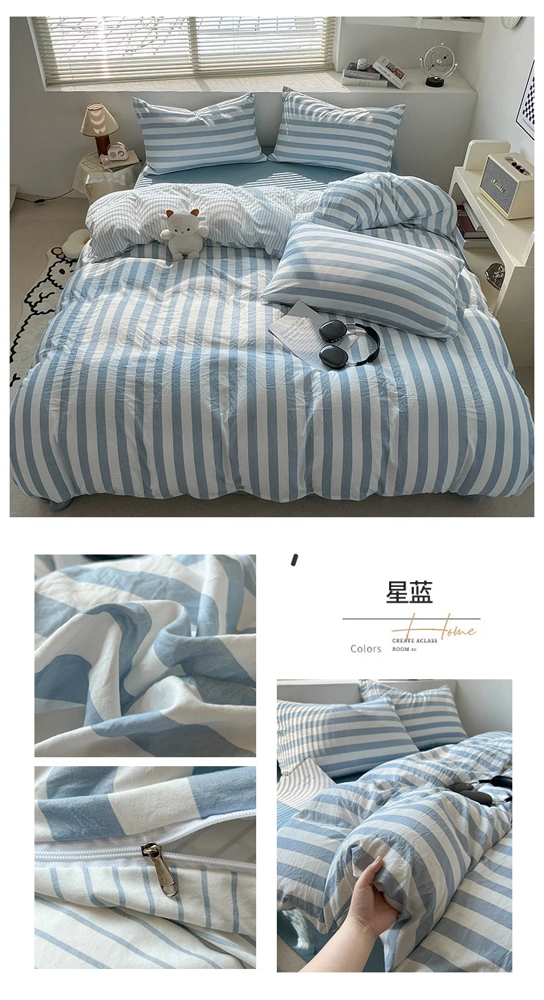 Washed Cotton Double Yarn Crepe Striped Quilt Set 3-4 Pillowcase with Sheet Bedding Cover Supplies 200x230 220x240 Skin Friendly