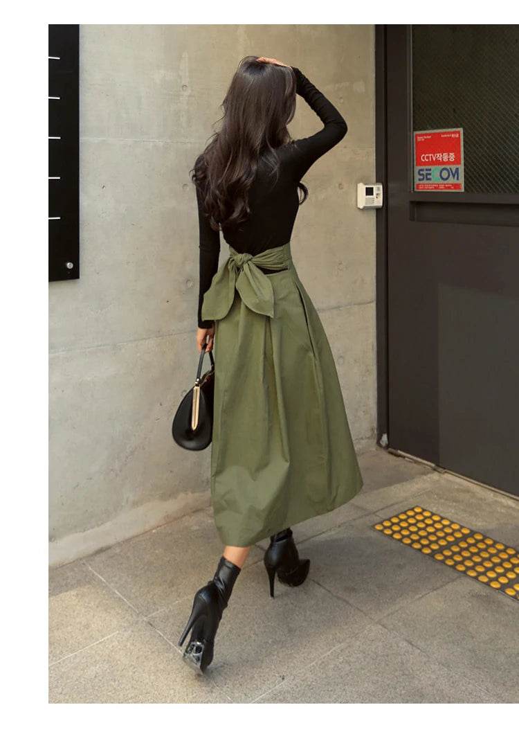 Skirts Womens Korean Fashion Solid Color Big Swing Ladies Skirt Long Skirt 2025 Autumn Wild High Waist Bow Slim Skirts - AIAZ