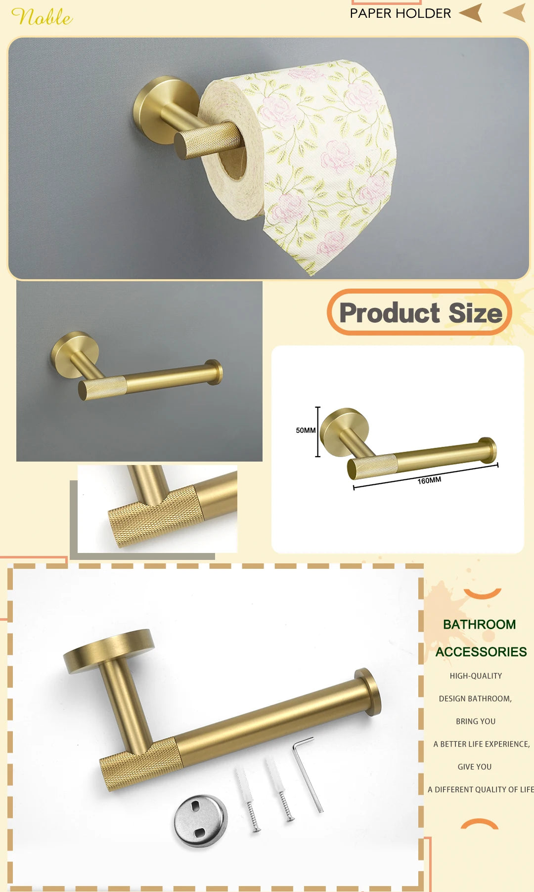 Brushed Gold Stainless Steel Wall Mount Towel Bar Towel Ring Paper Holder Bathrobe Hook Toilet Brush Bathroom Accessories