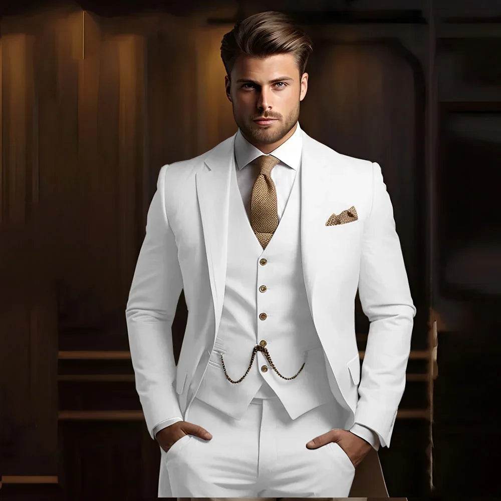 Formal Men's Suits for Groom 3 Pieces Khaki Wedding Groom Tuxedo Slim Fit 2025 Male Fashion Suit Jacket with Pants Vest - AIAZ