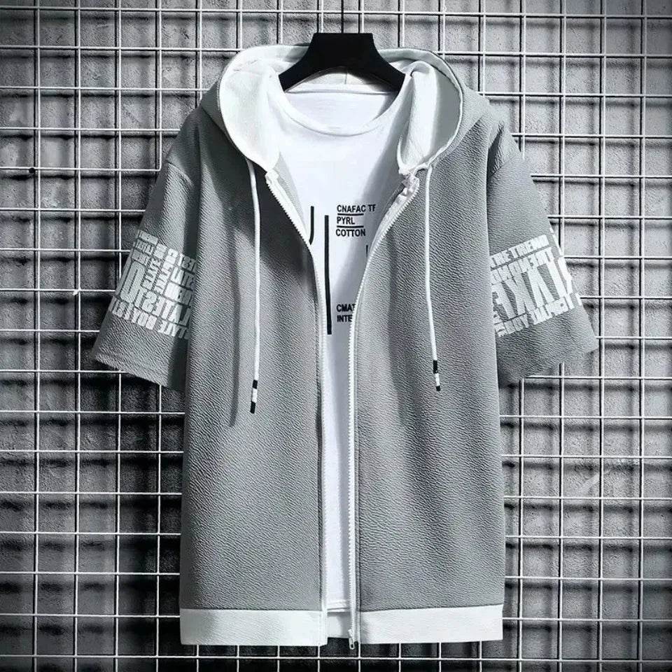Fashion Men's Hoodies Summer Men Clothing T-shirt Zipper Hood Cartoon Casual T Shirt Print Hooded Top Short Sleeve Men - AIAZ