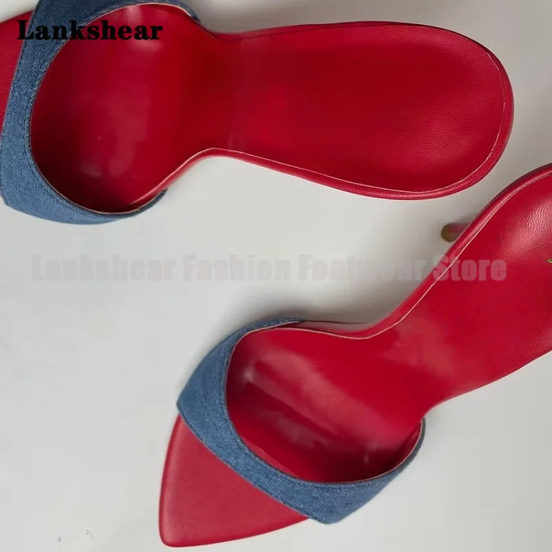 Demin Pointy Toe Stiletto Mules Slippers Sexy Patchwork Red Inside Sandals Elegant Women Shoes Summer Sandalias De Mujer Verano