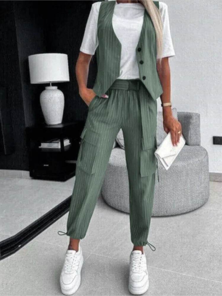 White Striped Vest Suit For Women Summer Casual V-neck Button Top Pocket Loose Pants Outfits Two-piece Suit For Women Elegant - AIAZ