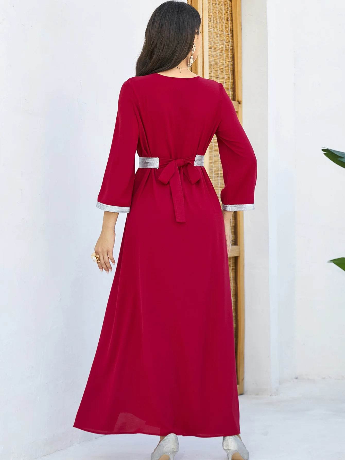 Muslim Fashion Beading Ebroidered Print V-neck long-sleeved Dress Moroccan Islamic Dress With Belt Elegant Party Dress - AIAZ