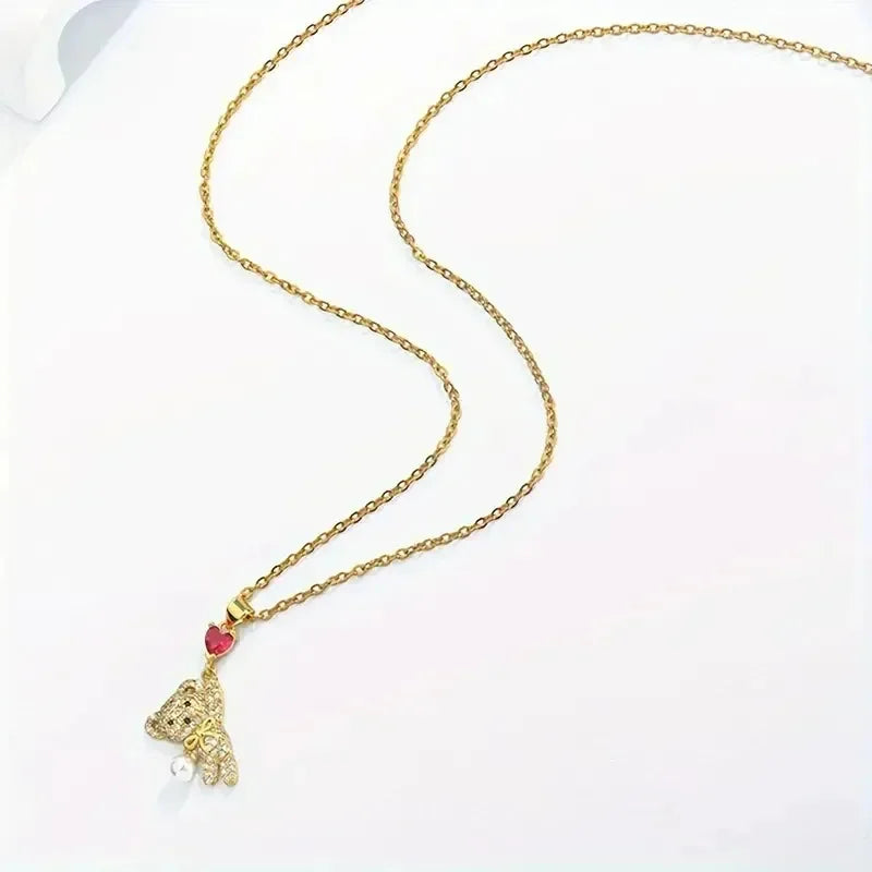 1 Piece Stainless Titanium Steel Chain Cute Bow Red Love Heart Balloon Bear Pendant Necklace Women's Romantic Jewelry Girls Gift