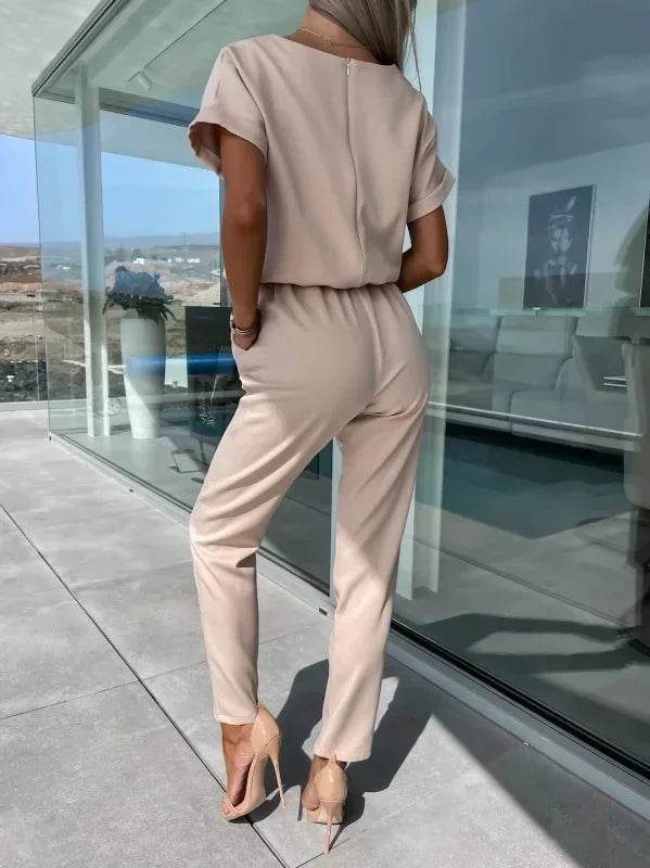 Jumpsuit Women 2023 Solid Color Short Sleeve V-neck Pocket Lace-up Pencil Long Pants Jumpsuits Summer Outfits Bodysuits - AIAZ