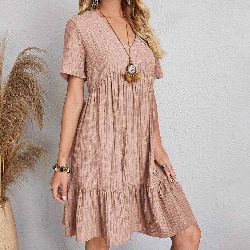 Women Mini Dress Summer Casual Solid V Neck Ruffles A-line Dress Female Fashion Holiday Boho Loose Beach Elegant Dresses Vestido - AIAZ