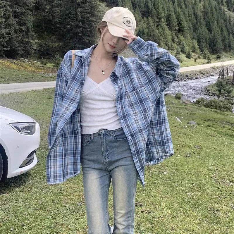 Women Plaid Casual Shirt American Vintage Loose Long Sleeve Sweet Blue Blouse Autumn Preppy Button Elegant Retro Female New Tops - AIAZ