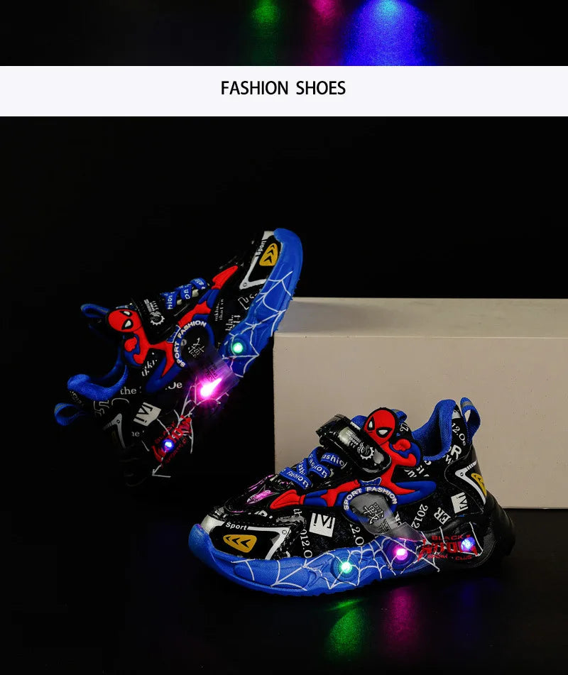 Disney LED Casual Sneakers Red Black For Spring Boys Spiderman Outdoor Shoes Children Lighted Non-slip Shoes Size 21-30