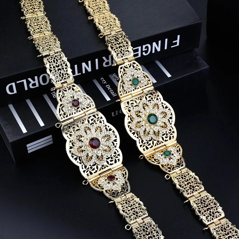 Sunspicems Moroccan Caftan Belt Gold Color Red Green Stone Algeria Wedding Dress Kaftan Abaya Arab Waist Chain Bridal Jewelry