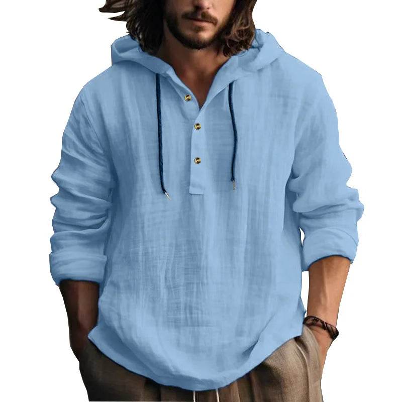 24 New cotton and linen shirts hooded loose large size casual sweater long sleeve hoodie men - AIAZ