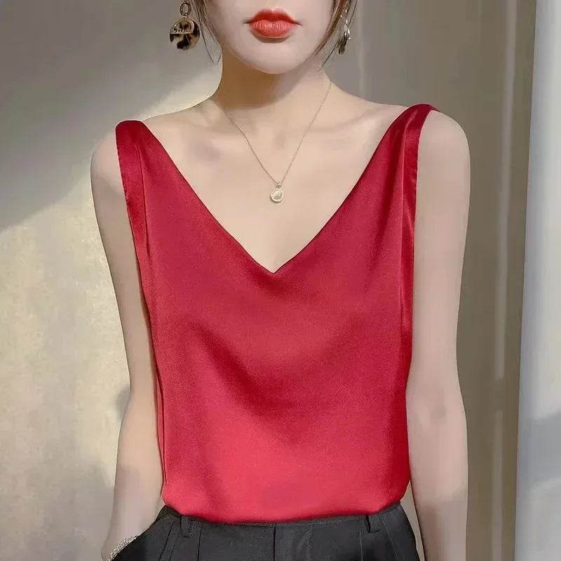 Woman T-shirts Elegant SILK Satin Blouse Sleeveless Female Summer 2025 Casual Loose Tanks and Camis Solid Green Tops for Women - AIAZ