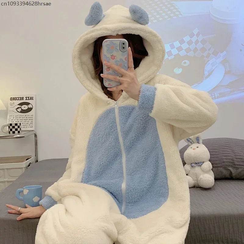 Winter Adult Kigurumis Women Pijama Onesie Jumpsuits Cartoon Sleepwear Pyjama Thicken Hoodie Korean Girls Leisure Wear Pajamas - AIAZ