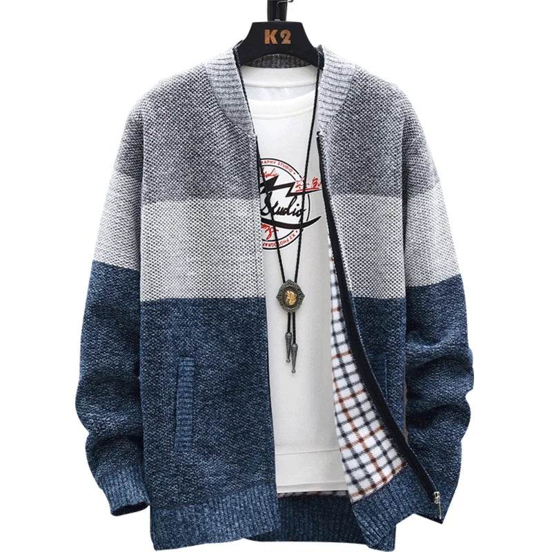 Autumn Winter Cardigan Sweater Men Fleece Zipper Sweaters Velvet Contrast Striped Sweater Coats Casual Jackets - AIAZ