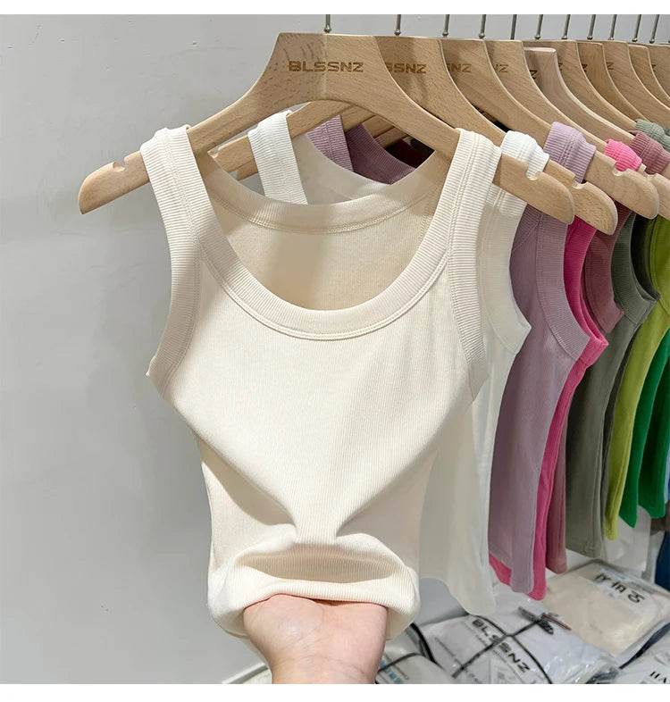 Women Solid Round Neck Ribbed Tank Top Camisole Women 2025 Summer Basic Elastic Tank Top O Neck Solid Tank Top - AIAZ