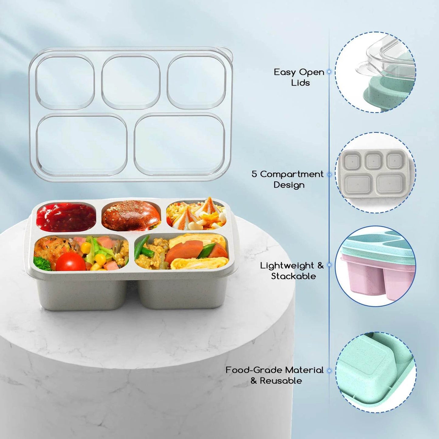 1pc Bento Lunch Box Reusable Lunch Box Kids with 5 Compartments Meal Prep Containers With Transparent Lids for Kids and Adults - AIAZ