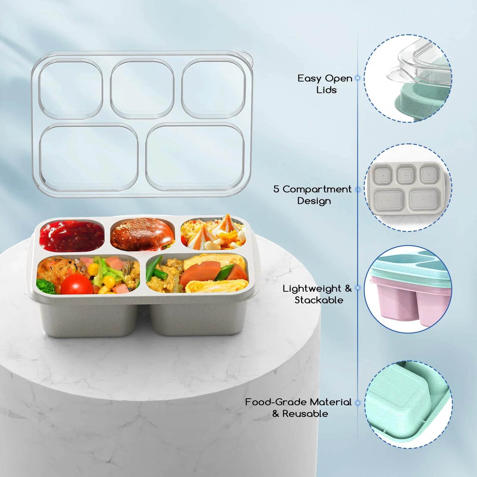 1pc Bento Lunch Box Reusable Lunch Box Kids with 5 Compartments Meal Prep Containers With Transparent Lids for Kids and Adults - AIAZ