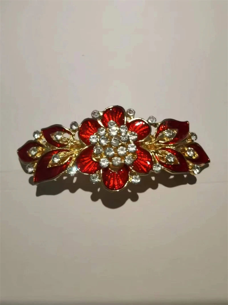 Red Crystal Flower Bow Spring Hairpin Vintage Ink Blue Rhinestone Horizontal Clip Top Clip Elegant Mom Fashion Hairpin Korean