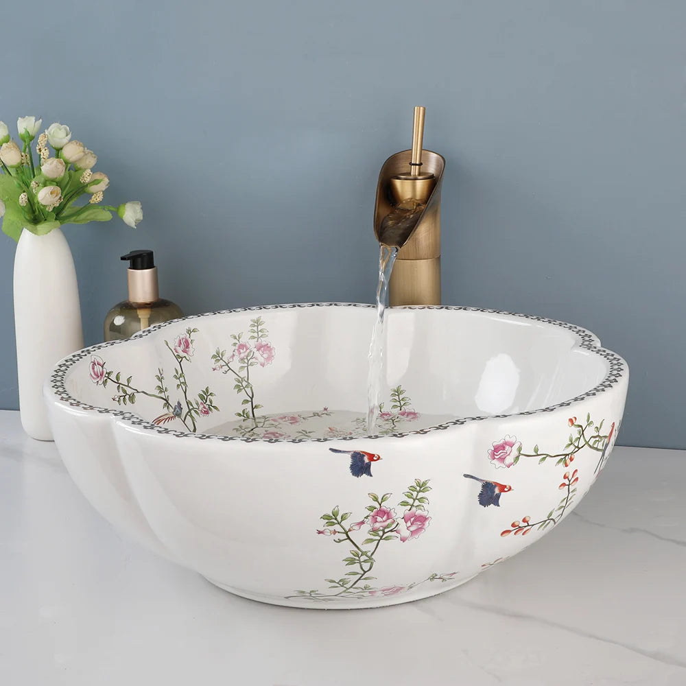 ZAPPO Above Counter Ceramic Vessel Sink For Bathroom Round Petal Shaped Flower & Bird Pattern Wash Basin Bowl Sinks With Faucet