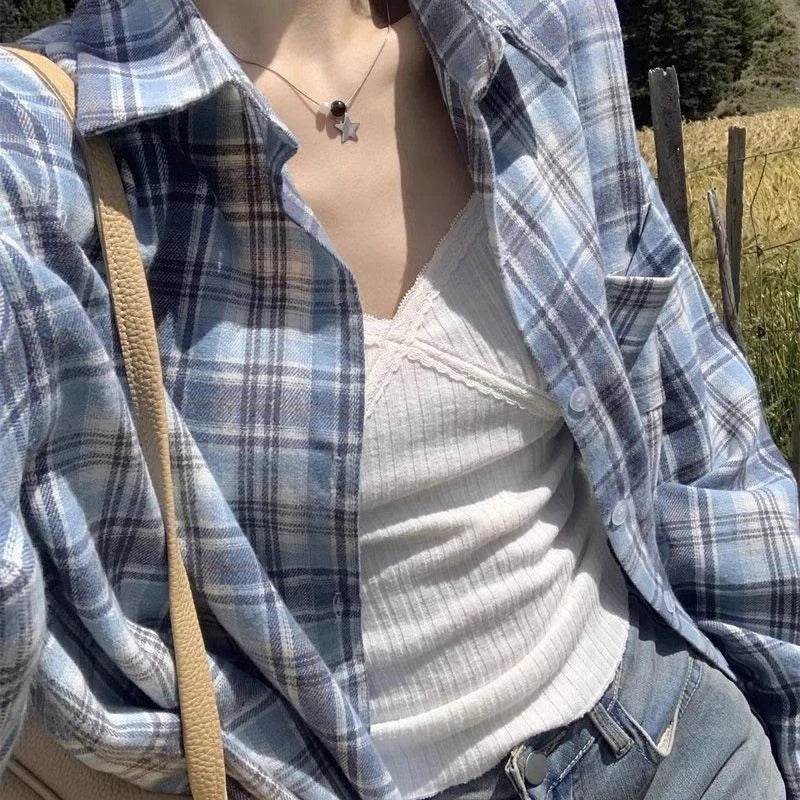 Women Plaid Casual Shirt American Vintage Loose Long Sleeve Sweet Blue Blouse Autumn Preppy Button Elegant Retro Female New Tops - AIAZ