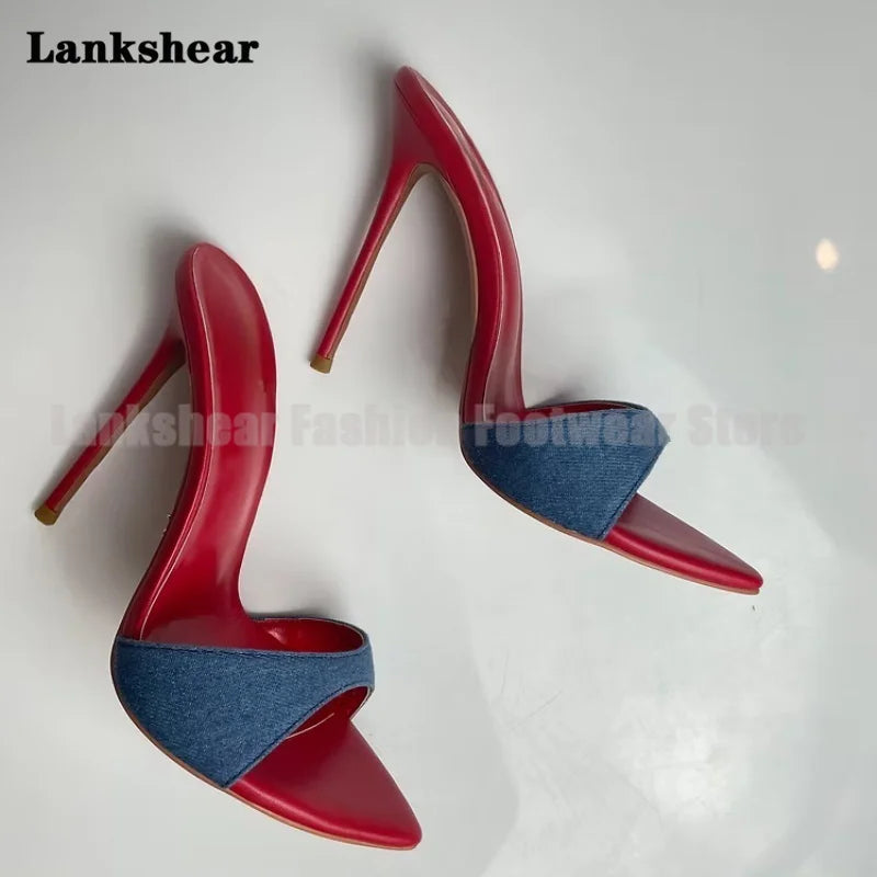 Demin Pointy Toe Stiletto Mules Slippers Sexy Patchwork Red Inside Sandals Elegant Women Shoes Summer Sandalias De Mujer Verano
