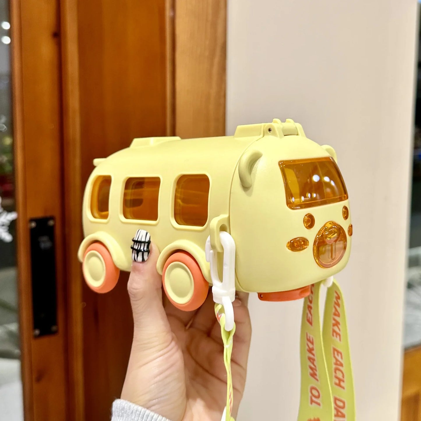 Baby Cute Panda Bus Portable Water Bottle with Shoulder Strap Kid Car Straw Water Cup Children's Water Bottle Drinking Cup