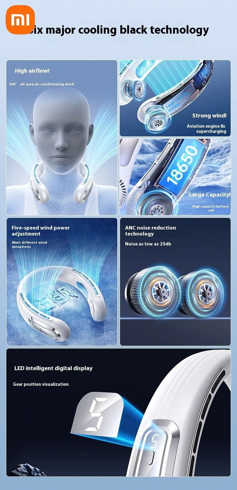 Xiaomi Bladeless Neck Hanging Fan USB Rechargeable Cooler Fan 5 Speed Bladeless Design Outdoor Sports Use