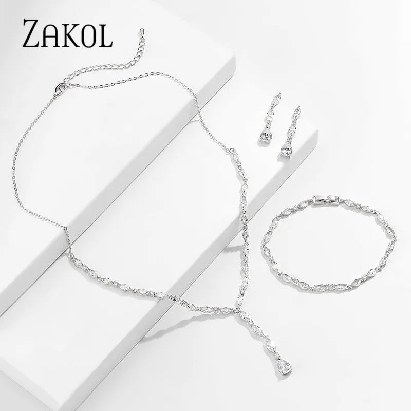 ZAKOL Brilliant Crystal Zirconia Earrings Necklace Bracelets 3pcs Jewelry Set For Women Wedding Dress Accessaries FSSP412