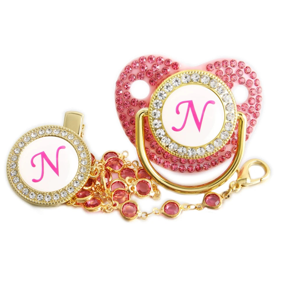26 Initial Letters Pink Baby Pacifier With Diamond Chain Clip