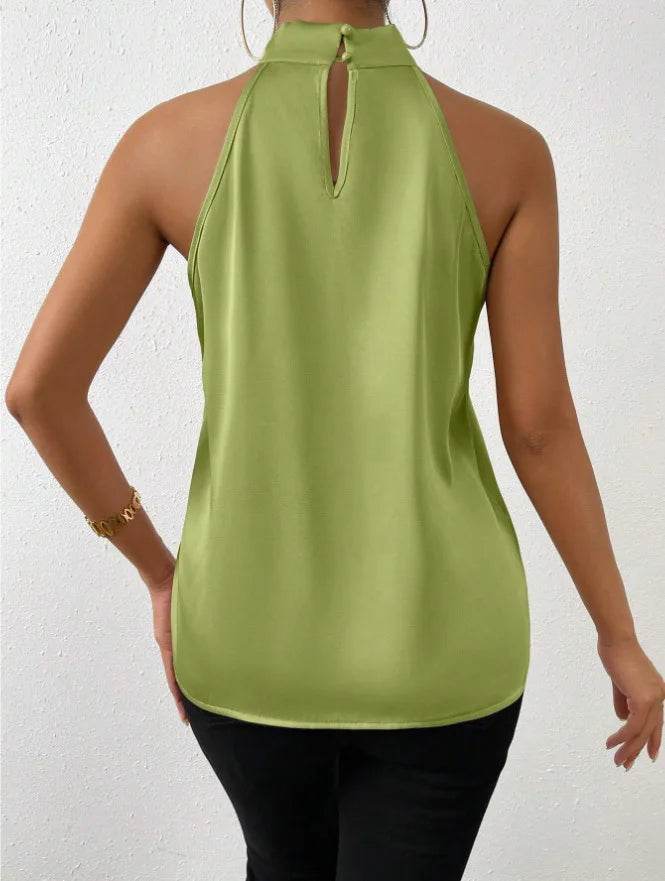2025 Women's Tanks Top Camis Hanging Neck Strap Design Satin Gloss Loose Sleeveless Blouses Blusas Mujer Moda Black Sexy Shirt - AIAZ