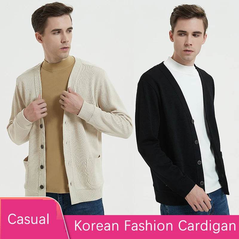 BROWON New Knitted Sweater Cardigan Men 2025 Autumn Solid Casual Man Clothes Korean Fashion 80% Cotton V-Neck Collar Sweater Men - AIAZ