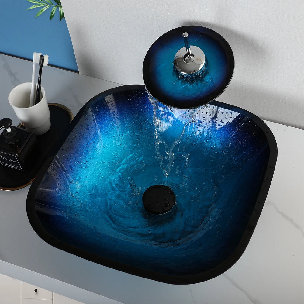ZAPPO Tempered Glass Bathroom Vessel Sink with Waterfall Black Faucet Tap Bathroom Oval Blue Vessel Sinks Above Counter Basin