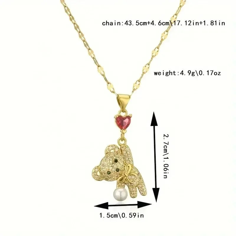 1 Piece Stainless Titanium Steel Chain Cute Bow Red Love Heart Balloon Bear Pendant Necklace Women's Romantic Jewelry Girls Gift