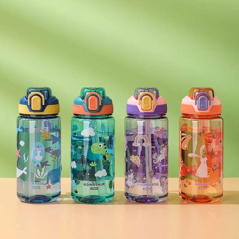 600ml Plastic Sports Water Bottles Cute Cartoon Children's Water Cup with Straw Leakproof Summer Outdoor Portable Kids Kettle - AIAZ