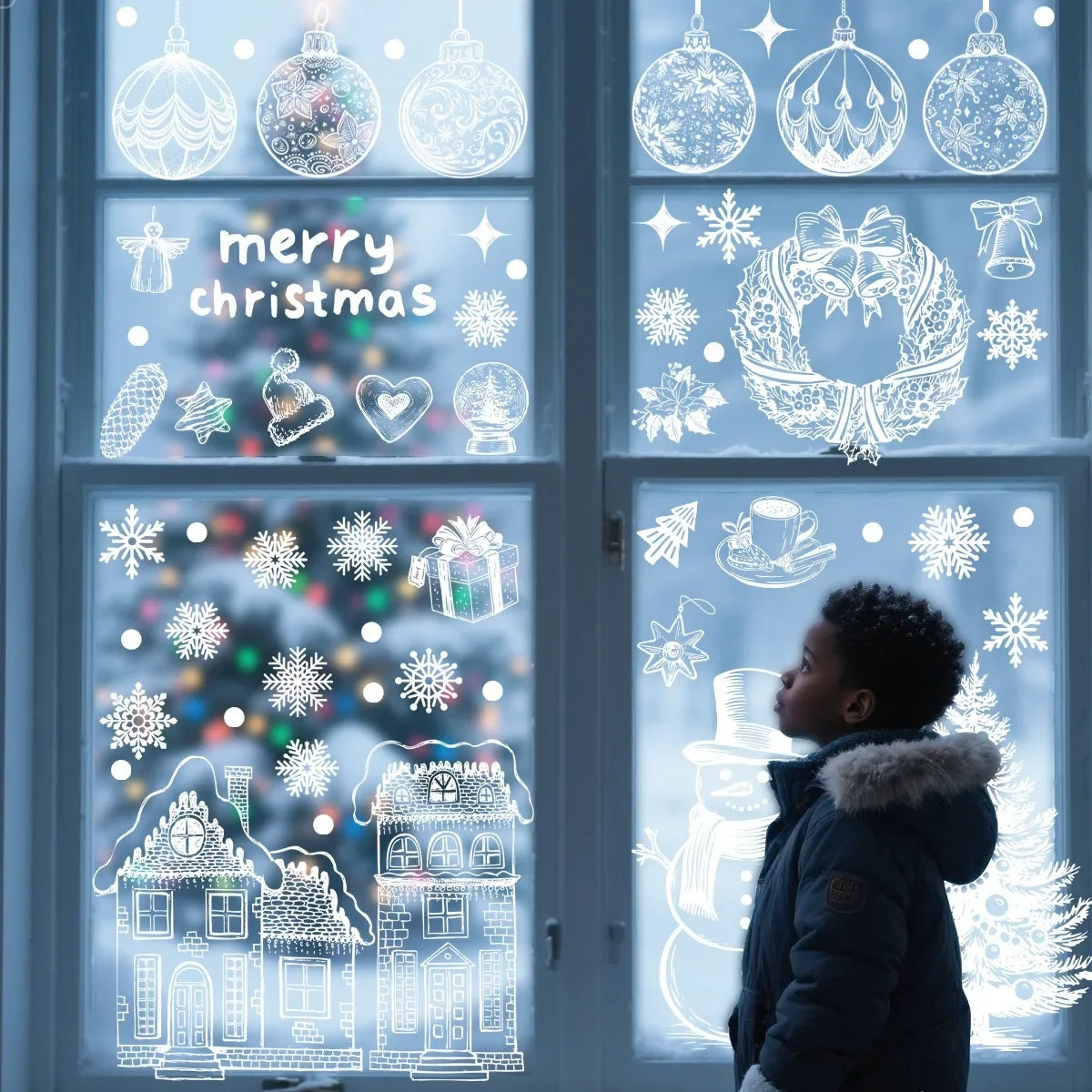 Christmas Wall Stickers Xmas Tree Winter Snowman Snowflake Window Glass Static Electricity Stickers Merry Christmas Decors
