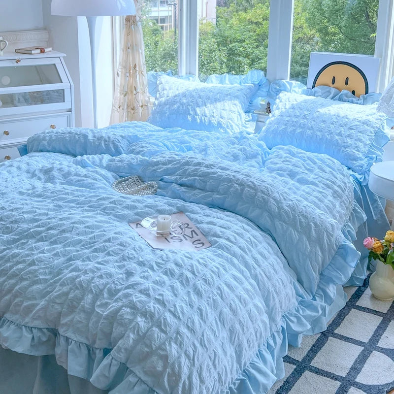 Korean Princess Style Lace Ruffles Bedding Set Skin-friendly Soft Seersucker Duvet Cover Set Bed Sheet Or Bed Skirt Pillowcases