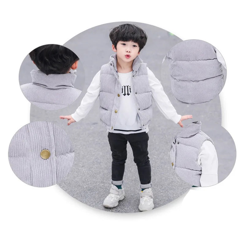 Children Autumn Winter Warm Vest Girls Casual Solid Color Jacket Boys Simple Fashion Collar Thickened Corduroy Waistcoat 2-10T
